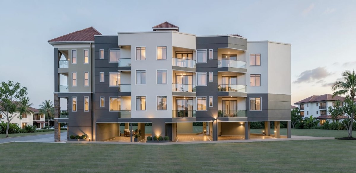 Visualisation of an apartment block elevation at evening